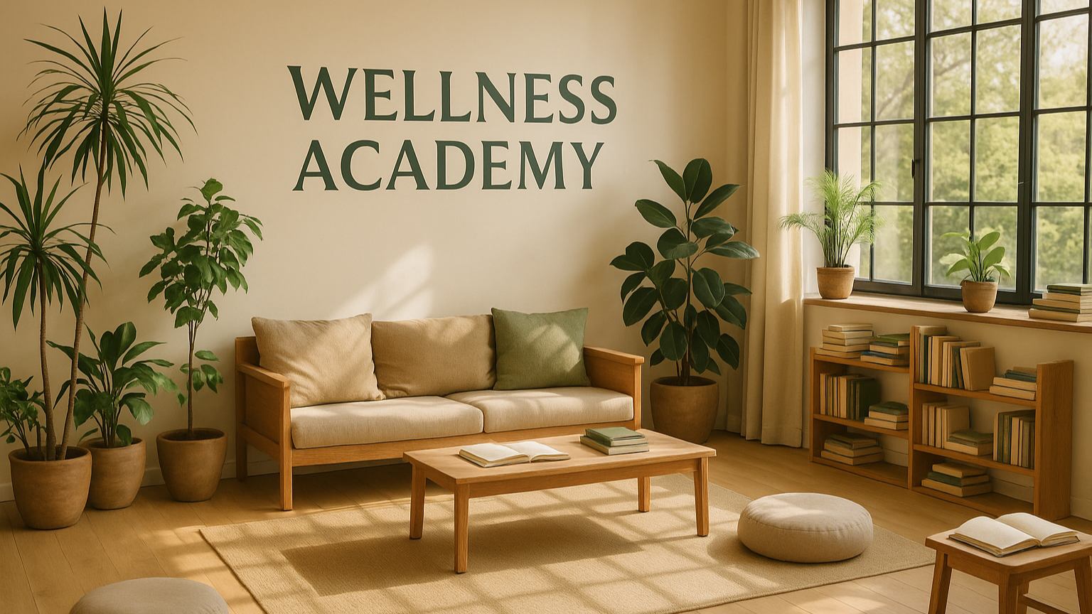 Puedes crear una imagen para el banner de la página web tamaño 1536 × 1024, donde se vea un espacio de relajación, reflexión, estudio, con plantas naturales, el lugar ideal para aprender en althea academia de bienestar